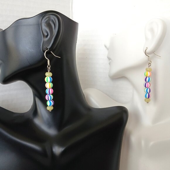 Handmade Rainbow Striped Earrings With Yellow Beads On Silver Plated Fishhooks - Picture 11 of 15